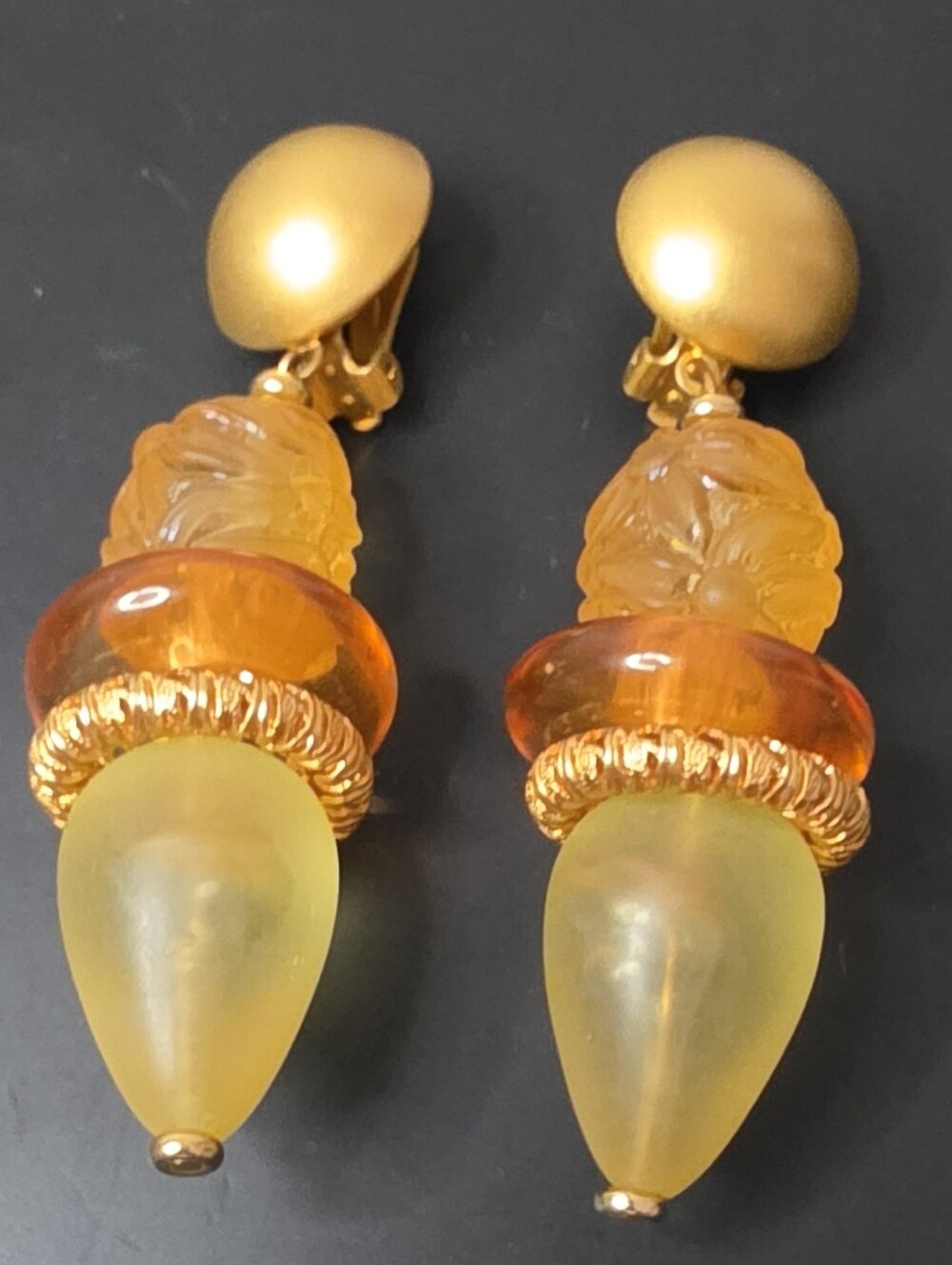 Gold-Tone Amber and Yellow Drop Clip-On Earrings By "Nataly's"